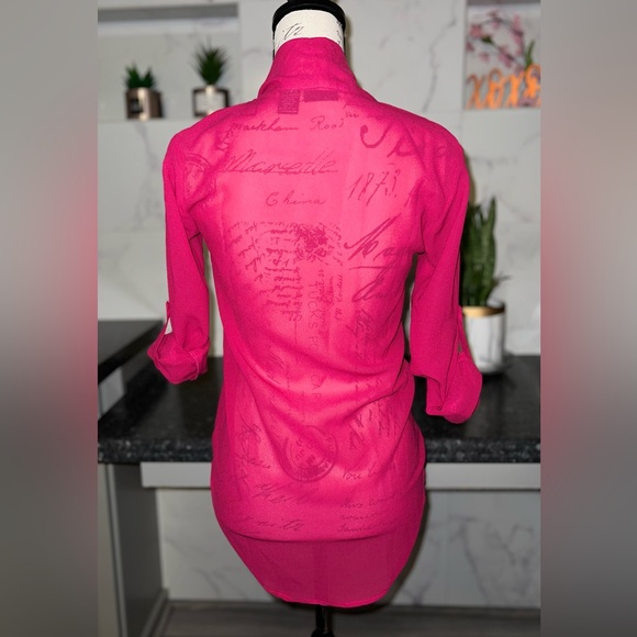 Fuchsia - Small - collarless pullover long sleeve sheer top - Picture 3 of 3